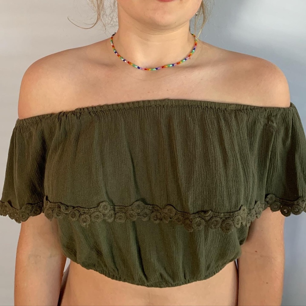 Green off shoulder crop top
